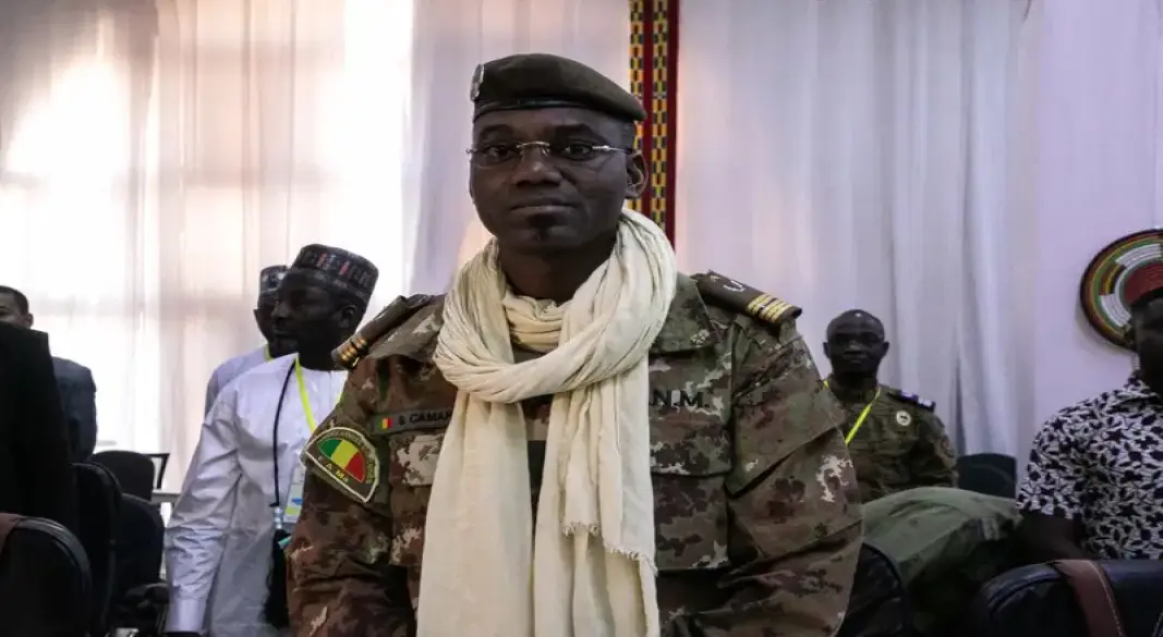 (FILES) Colonel Sadio Camara, Minister of Defense and Veterans of Mali, is seen at the meeting of Ministers of the Alliance of Sahel States (AES), Ouagadougou, February 15, 2024. Mali’s defence minister died after an attack on his house, his family s